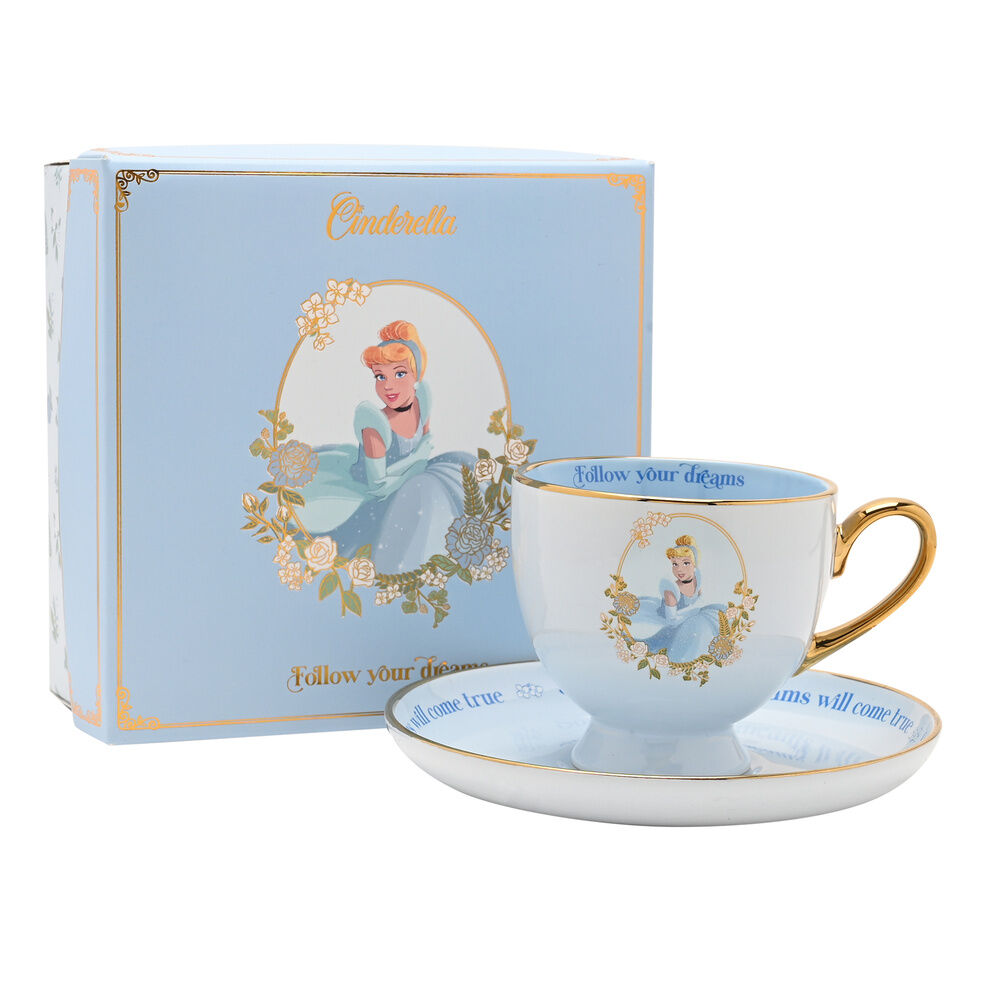 Taza de té y platillo de porcelana con Cenicienta Disney, flores y detalles dorados - 2