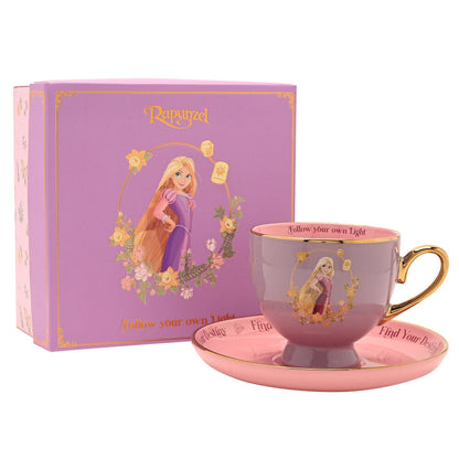 Taza y platillo de té de Rapunzel Disney en rosa y morado con detalles dorados - 2