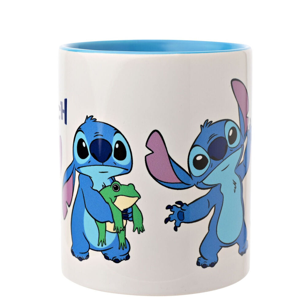 Taza blanca de Disney Stitch con asa azul y varias ilustraciones del personaje - 2