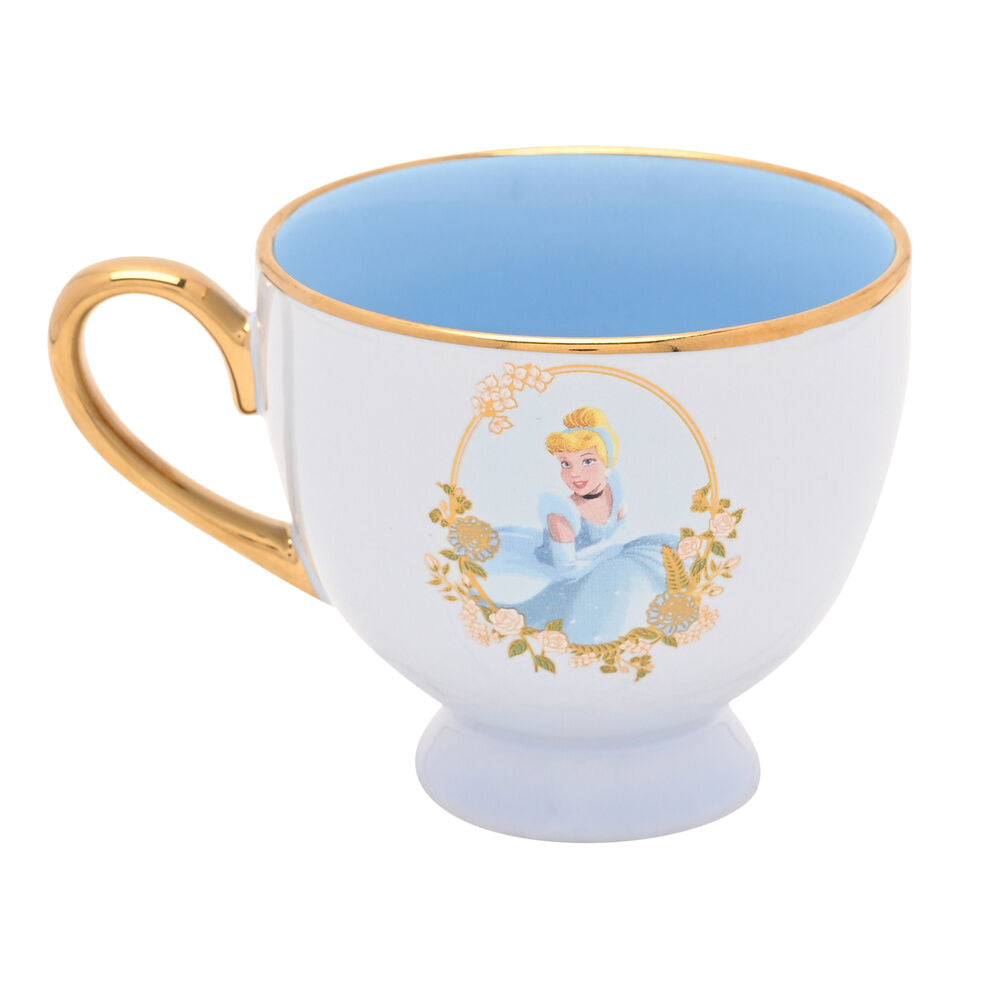 Taza de té y platillo de porcelana con Cenicienta Disney, flores y detalles dorados - 3