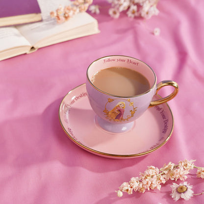 Taza y platillo de té de Rapunzel Disney en rosa y morado con detalles dorados - 5