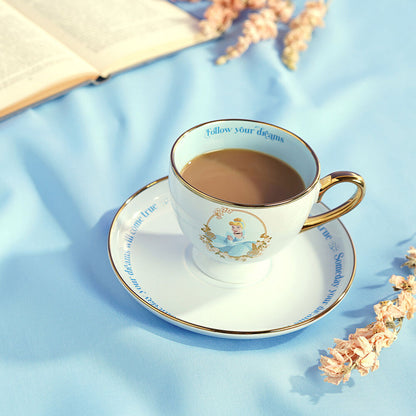 Taza de té y platillo de porcelana con Cenicienta Disney, flores y detalles dorados - 6