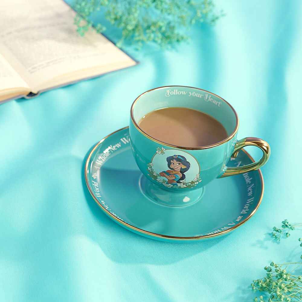 Taza de té y platillo turquesa de Jasmine Disney con detalles dorados - 6