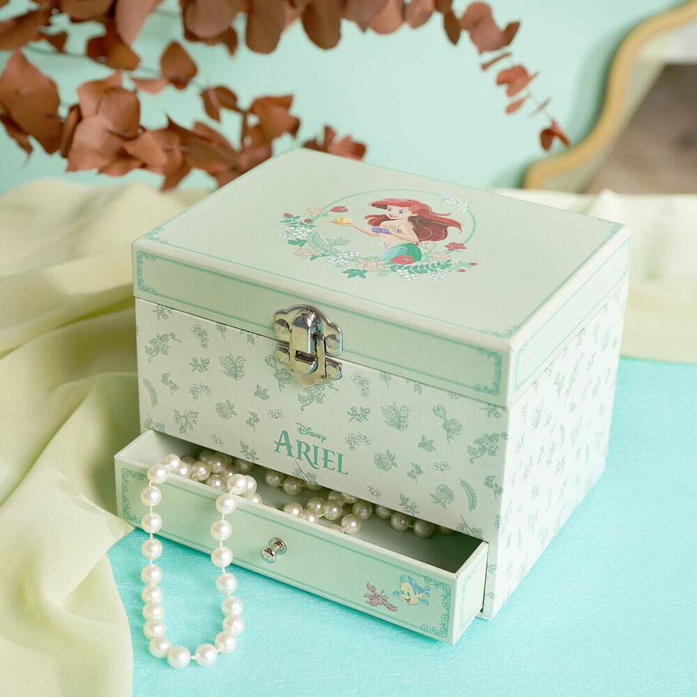 Joyero musical de Ariel Disney en tonos verdes con decoración floral y cajón - 6