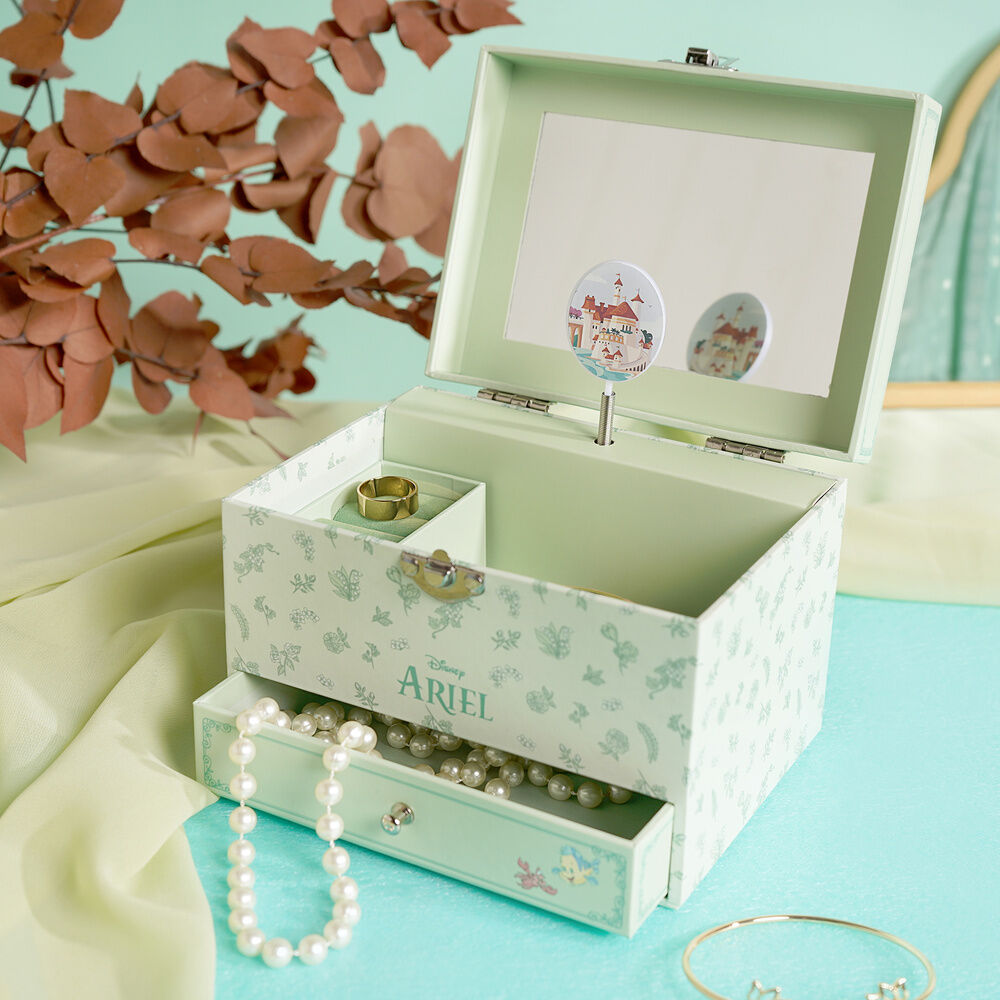 Joyero musical de Ariel Disney en tonos verdes con decoración floral y cajón - 7