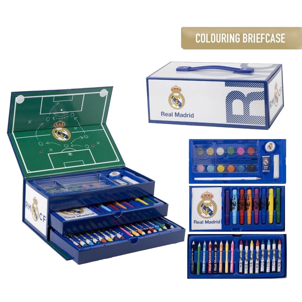 Maletín coloreable CERDÁ del Real Madrid con bandejas y materiales de dibujo