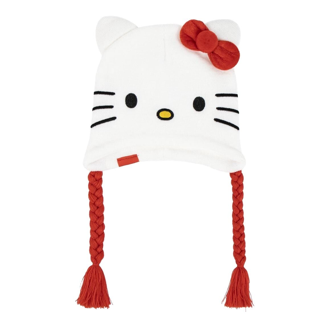 Gorro blanco de Hello Kitty con lazo rojo, trenzas y borlas