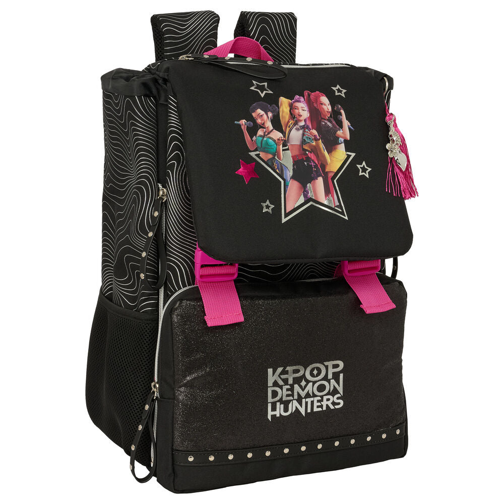 Mochila negra SAFTA Kpop Demon Hunters con detalles rosas