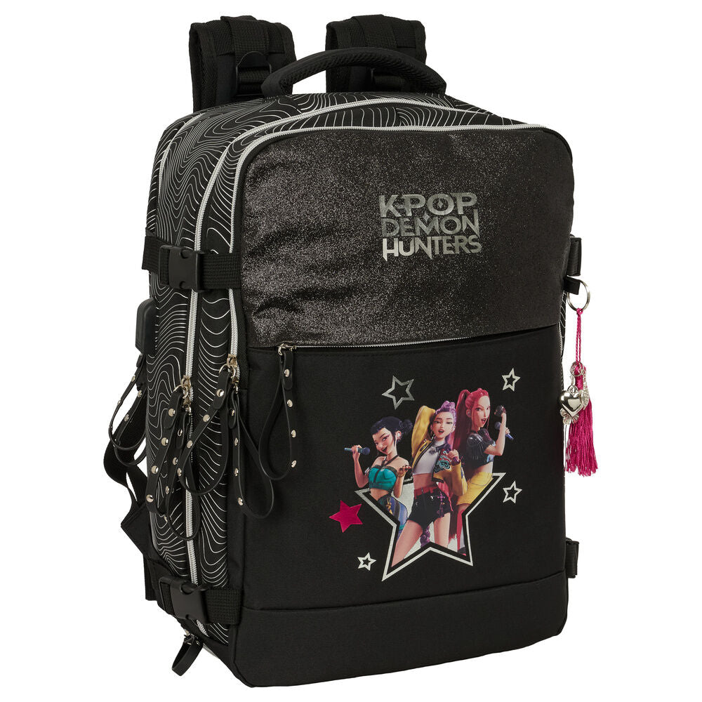 Mochila negra Kpop Demon Hunters SAFTA con compartimentos y zapatillero