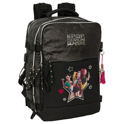 Mochila negra Kpop Demon Hunters SAFTA con compartimentos y zapatillero