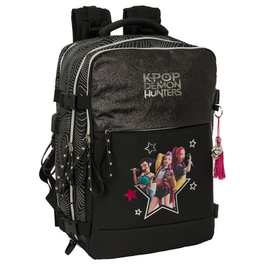 Mochila negra Kpop Demon Hunters SAFTA con compartimentos y zapatillero