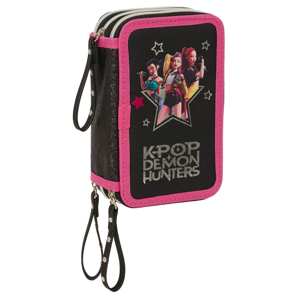 Portatodo triple SAFTA Kpop Demon Hunters negro y rosa con tres compartimentos