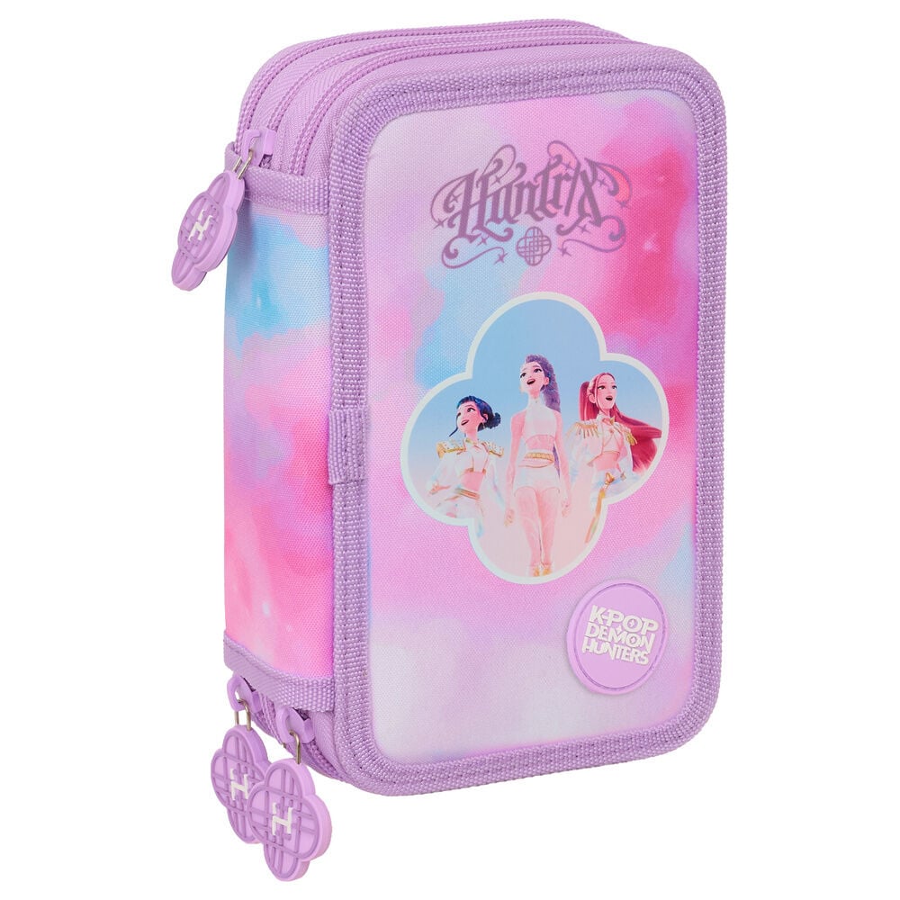 Plumier triple SAFTA KPop Demon Hunters lila con material escolar