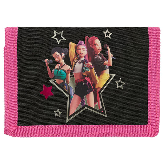 Billetera SAFTA Kpop Demon Hunters rosa y negra con ilustración de guerreras K-pop