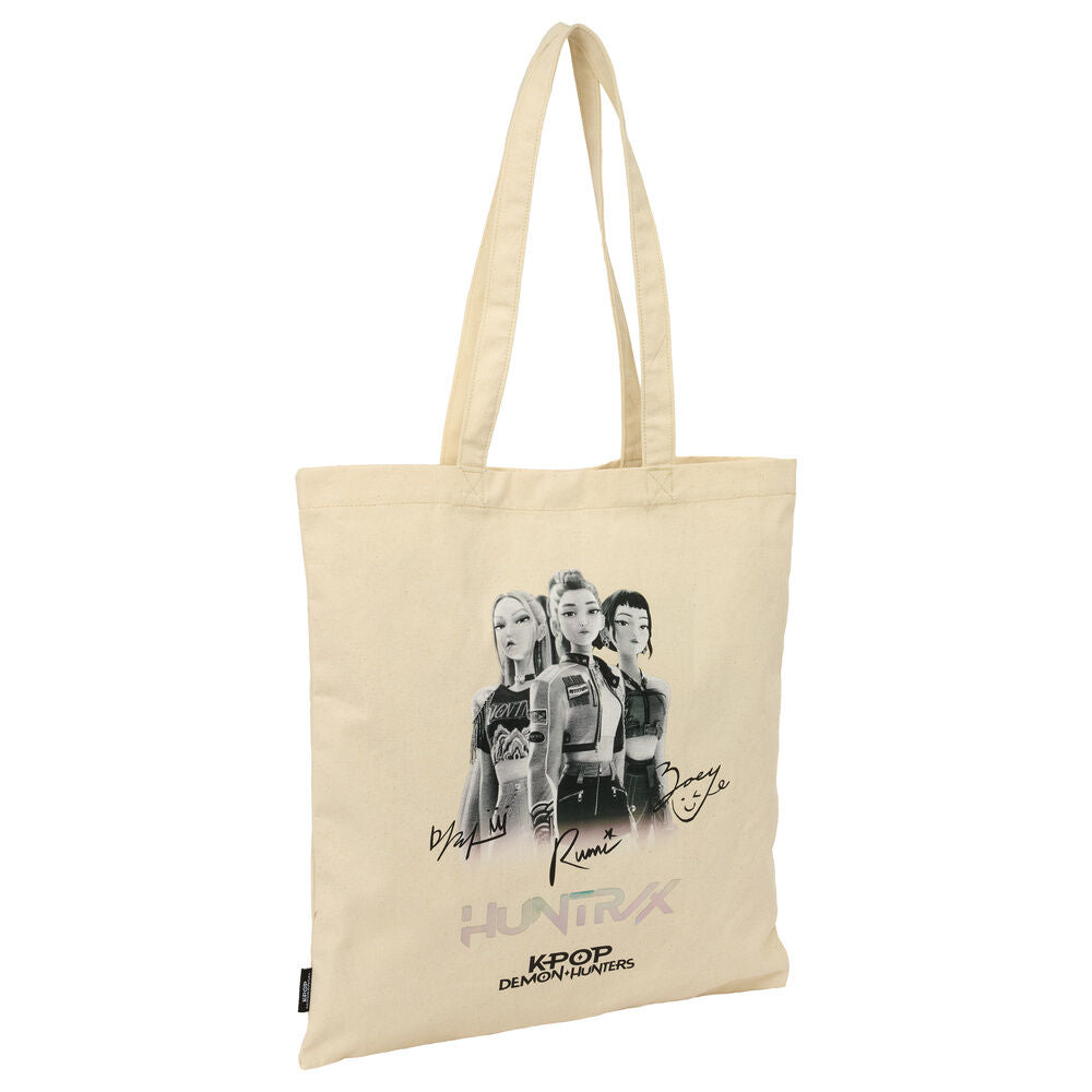 Bolsa tote beige de Kpop Demon Hunters con ilustración de las guerreras