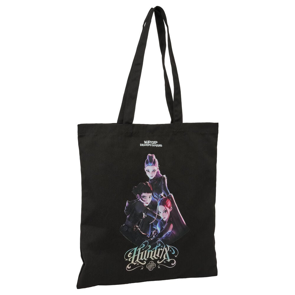 Bolsa tote negra de Kpop Demon Hunters con ilustración de las guerreras