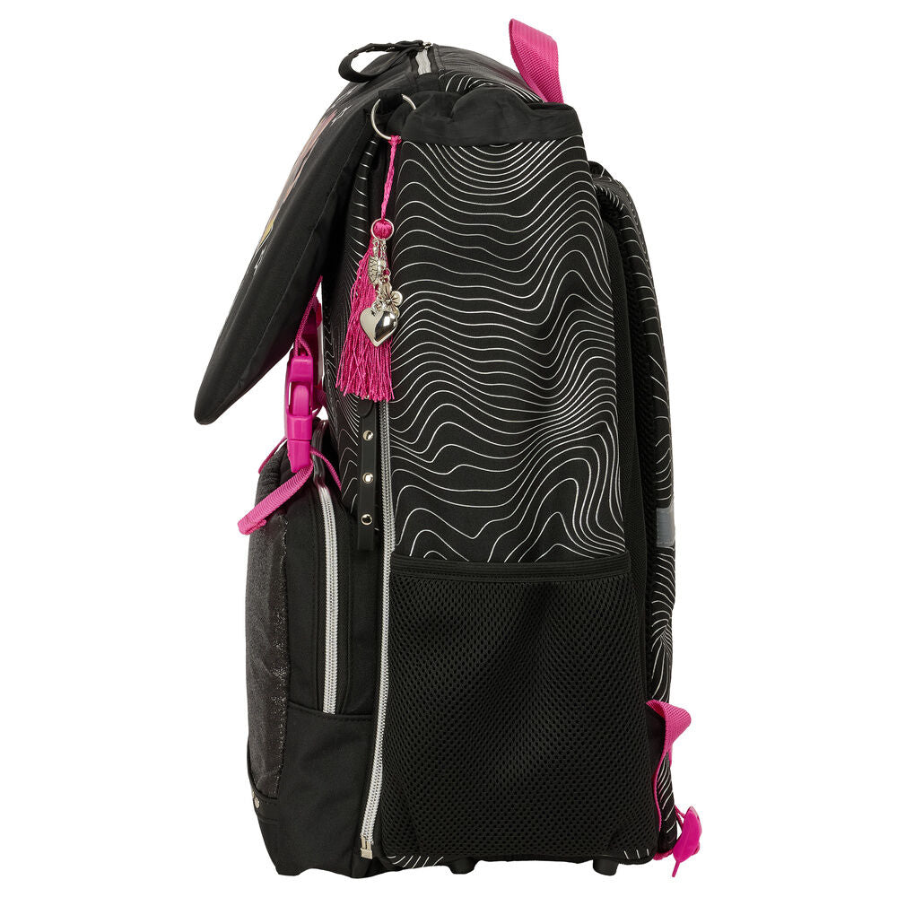 Mochila negra SAFTA Kpop Demon Hunters con detalles rosas - 3