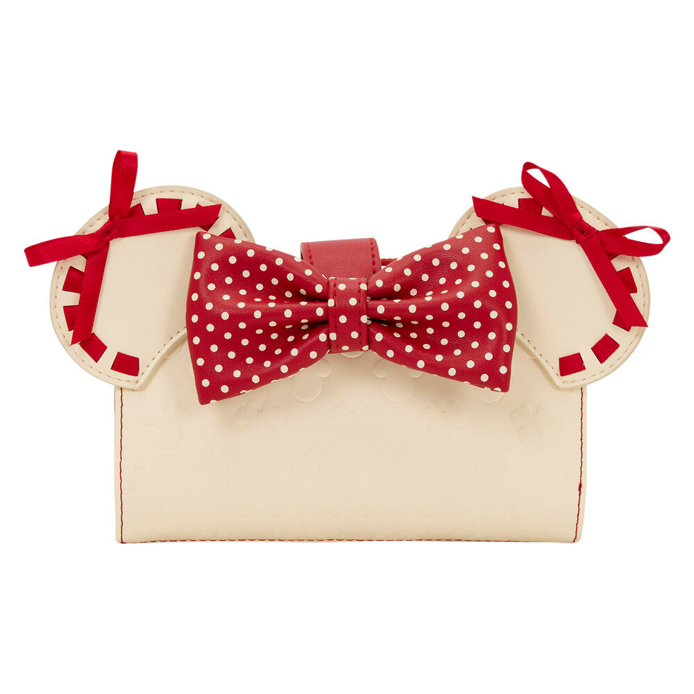 Cartera Minnie Mouse Loungefly crema y roja con lazo 3D de lunares
