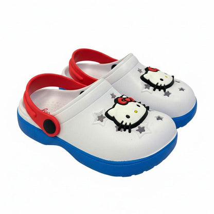 Zuecos blancos de EVA Hello Kitty con suela azul y correa roja