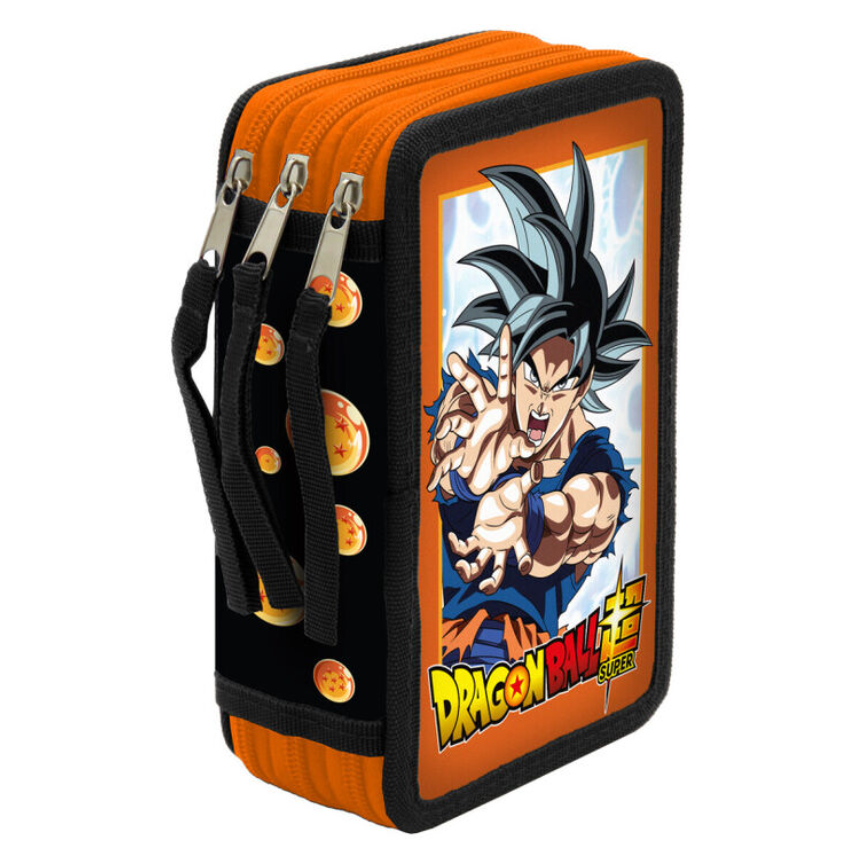 Plumier triple Dragon Ball Super naranja y negro con ilustración de Goku