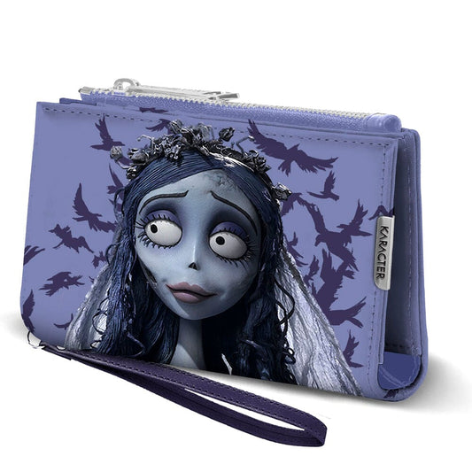 Cartera morada de La Novia Cadáver con ilustración de Emily y cuervos