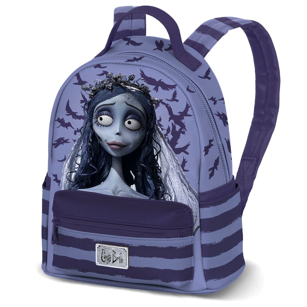 Mochila morada de La Novia Cadáver con ilustración de la novia cadáver y murciélagos