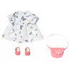 Vestido Baby Born con estampado de mariposas, zapatos y bolso rosas