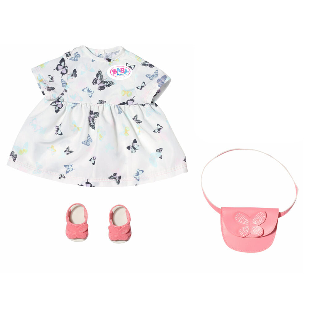 Vestido Baby Born con estampado de mariposas, zapatos y bolso rosas