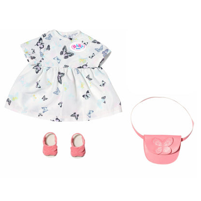 Vestido Baby Born con estampado de mariposas, zapatos y bolso rosas