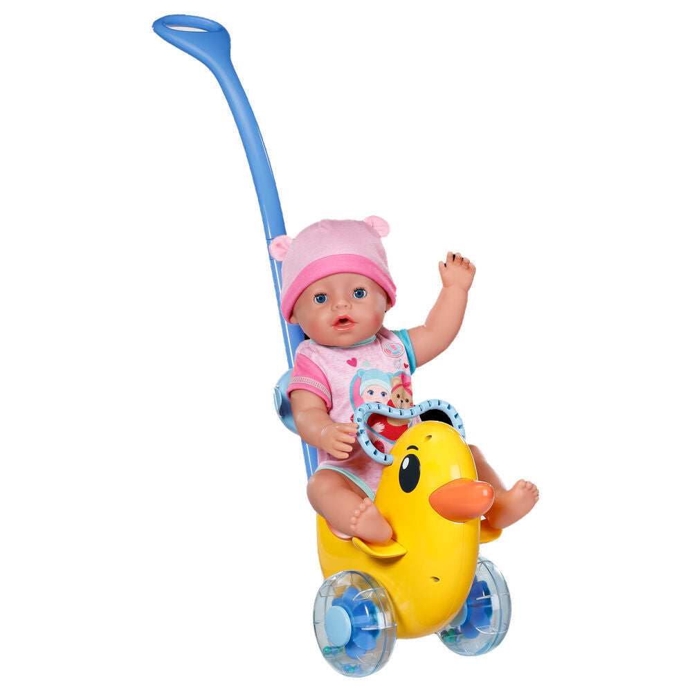 Andador Berta Baby Born de MGA con diseño de pato amarillo y asa azul