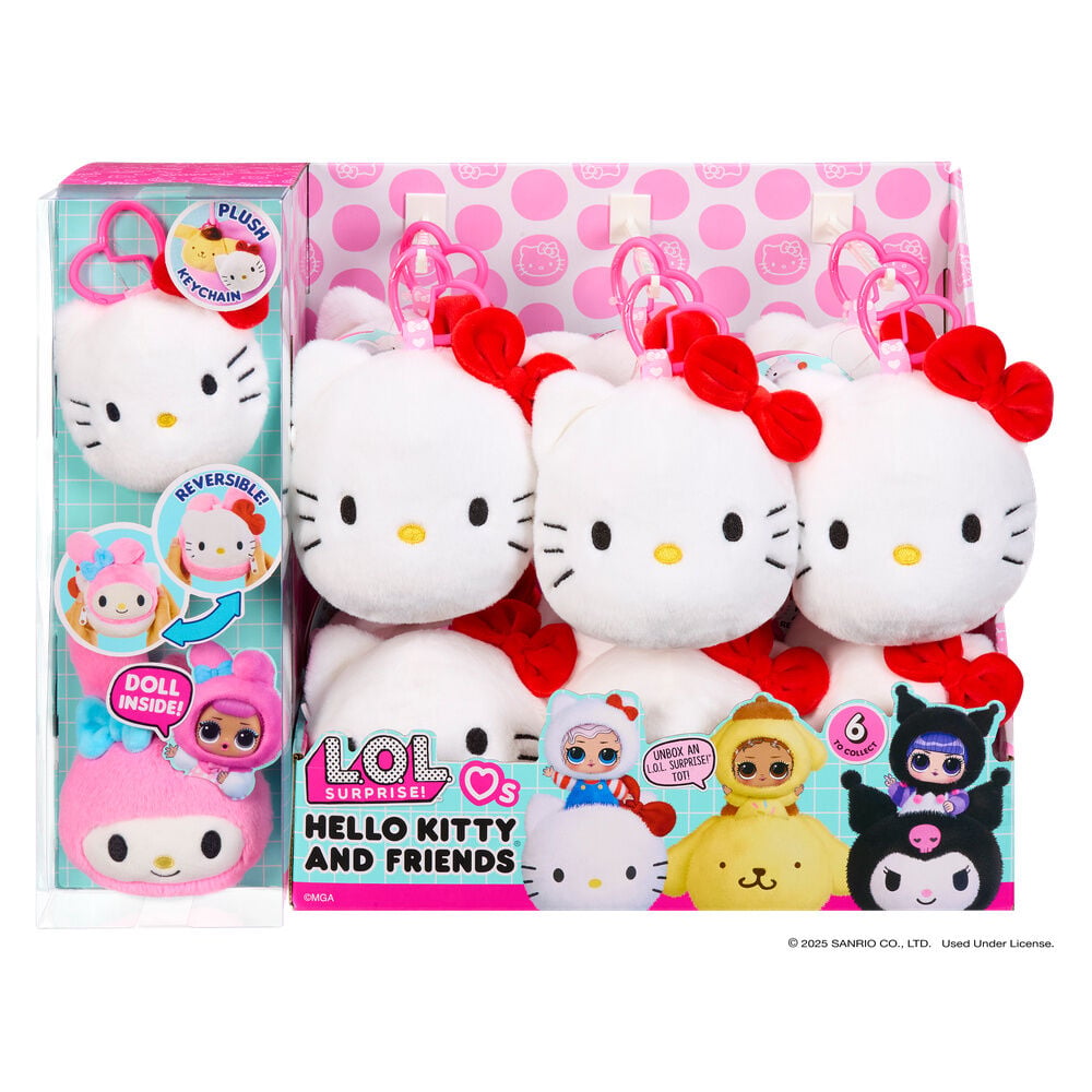 Peluche reversible L.O.L. Surprise de Hello Kitty con lazo rojo