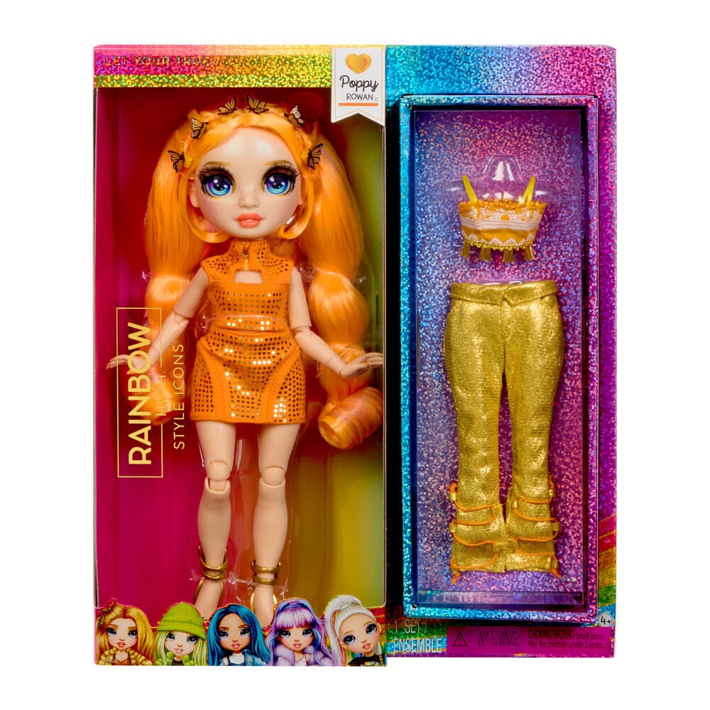 Muñeca Poppy Rowan Rainbow High con conjunto naranja y ropa dorada