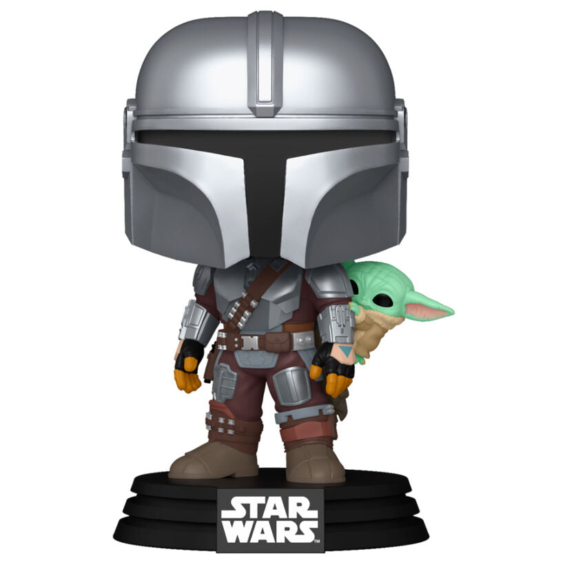 Figura Funko POP! de The Mandalorian con Grogu sobre base Star Wars