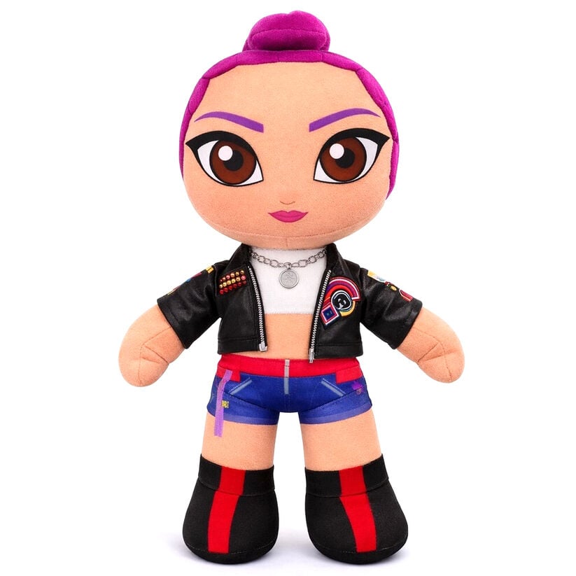 Peluche Lila de KPop Demon Hunters con chaqueta negra y botas rojas