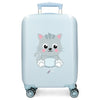 Maleta trolley ABS azul claro con ilustración de gato y cuatro ruedas dobles