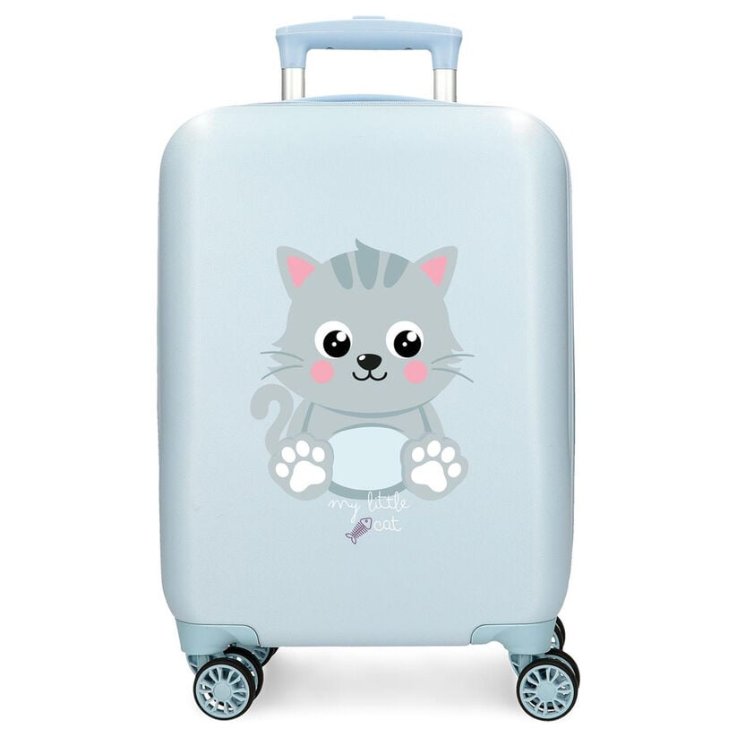 Maleta trolley ABS azul claro con ilustración de gato y cuatro ruedas dobles