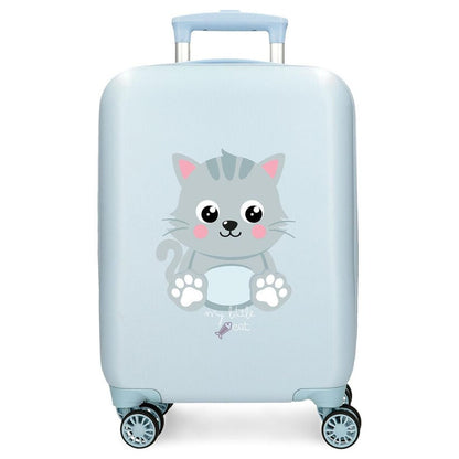 Maleta trolley ABS azul claro con ilustración de gato y cuatro ruedas dobles