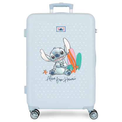 Maleta trolley azul claro de Stitch Disney con tablas de surf