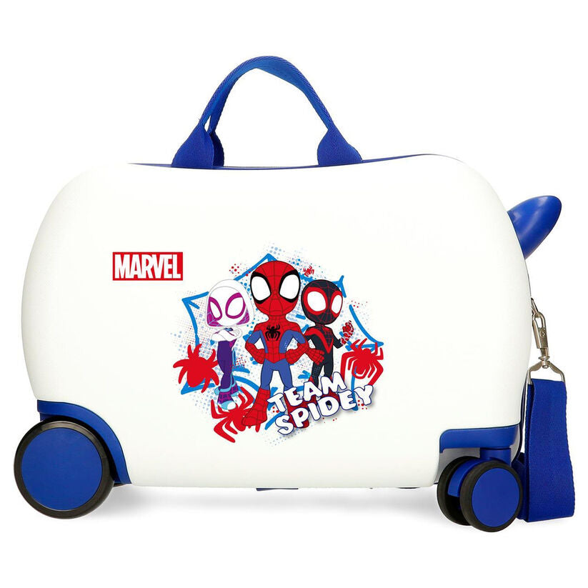 Maleta trolley ABS Team Up Spidey Marvel blanca con ruedas azules