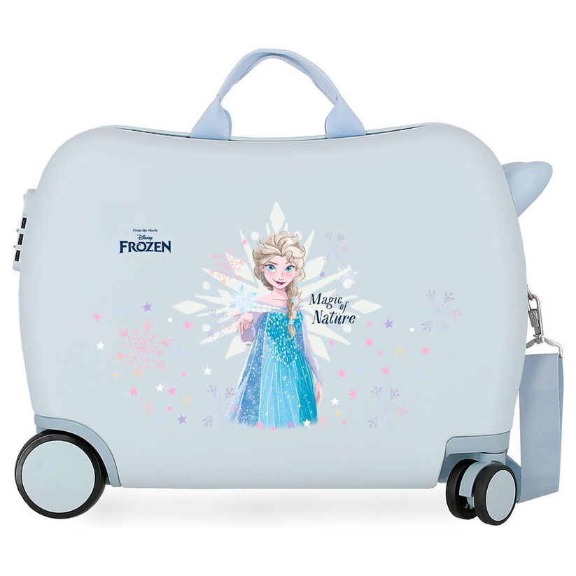 Maleta trolley azul claro Frozen Disney con diseño de Elsa y cuatro ruedas dobles