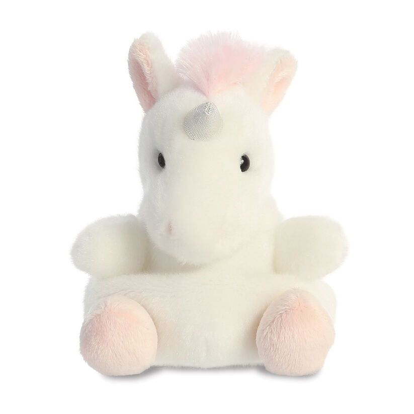 Peluche unicornio Palm Pals blanco con detalles rosas y cuerno plateado