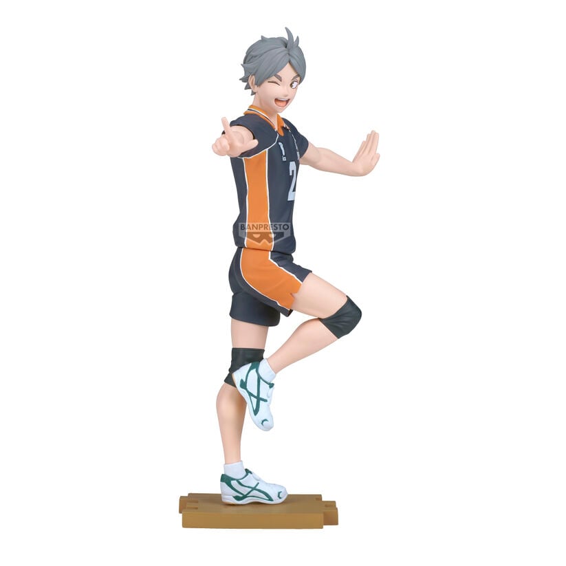 Figura de Koshi Sugawara de Haikyu!! con uniforme de voleibol sobre una base