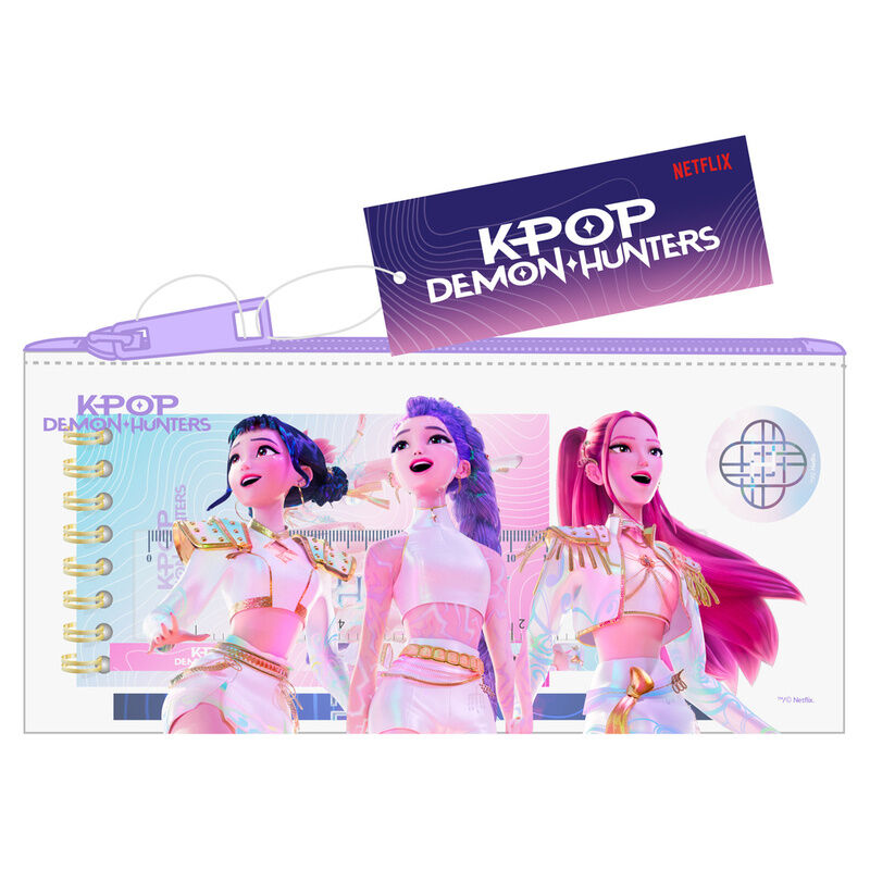 Portatodo transparente KPop Demon Hunters con tres protagonistas
