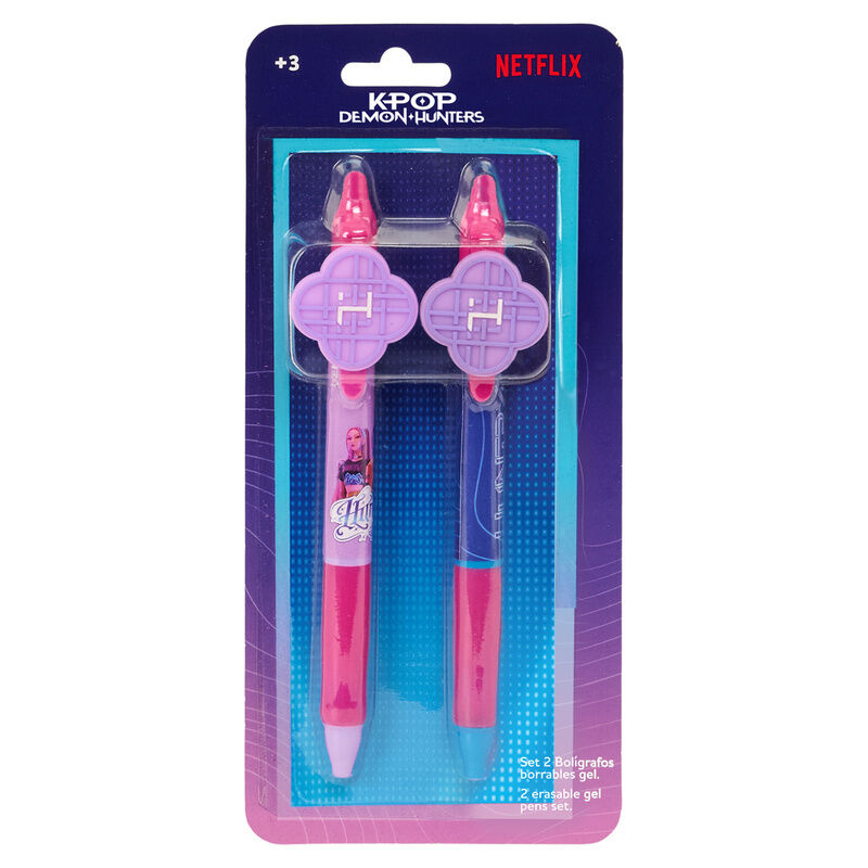 Set de dos bolígrafos borrables de gel Kpop Demon Hunters en rosa y azul