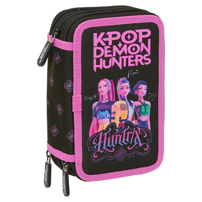 Plumier triple SAFTA Kpop Demon Hunters negro y rosa con 37 piezas