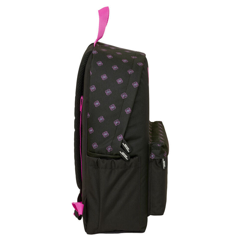 Mochila negra Kpop Demon Hunters con detalles rosas y compartimento frontal - 3