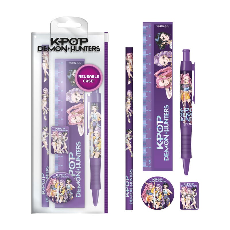 Set de papelería KPop Demon Hunters con regla y útiles de escritura morados