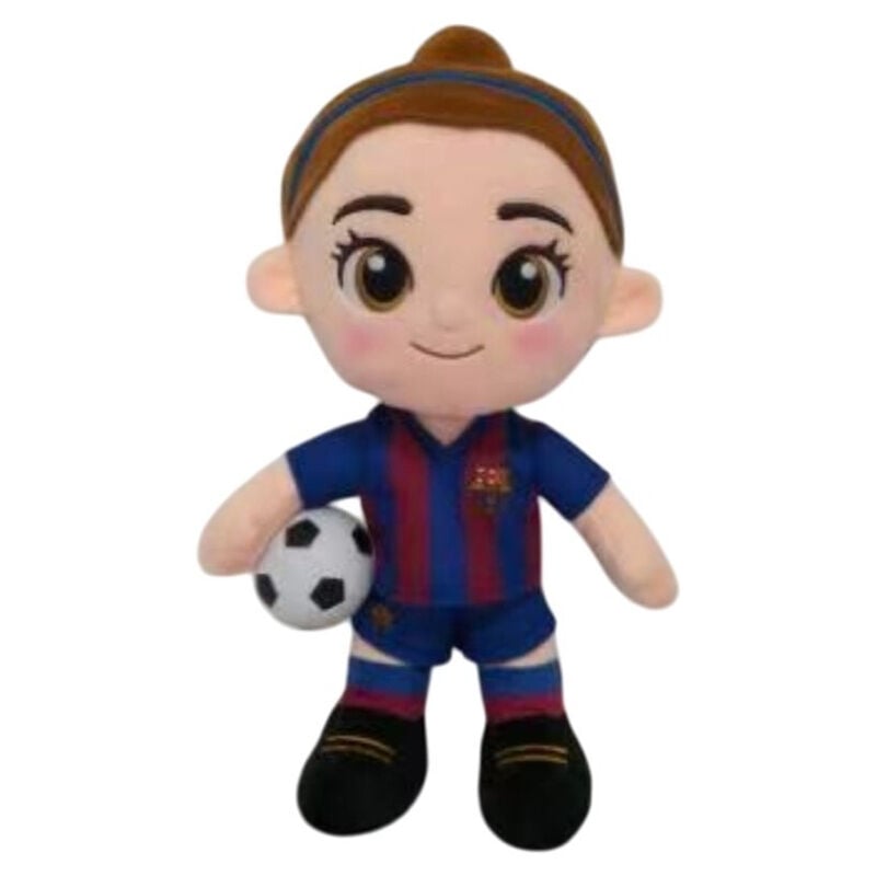 Peluche de jugadora del FC Barcelona con balón de fútbol