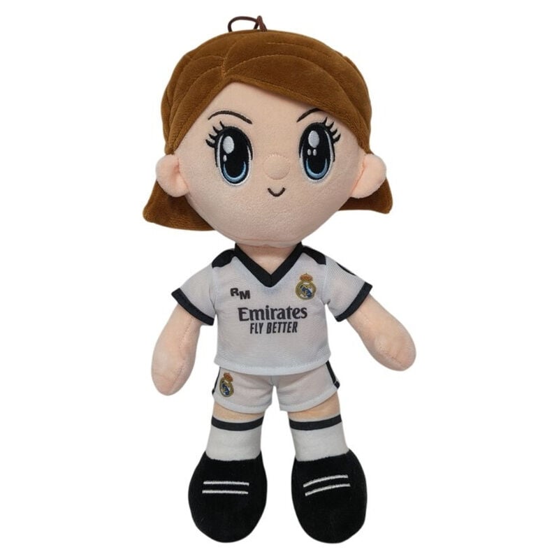 Peluche de jugadora de baloncesto del Real Madrid con equipación blanca y negra