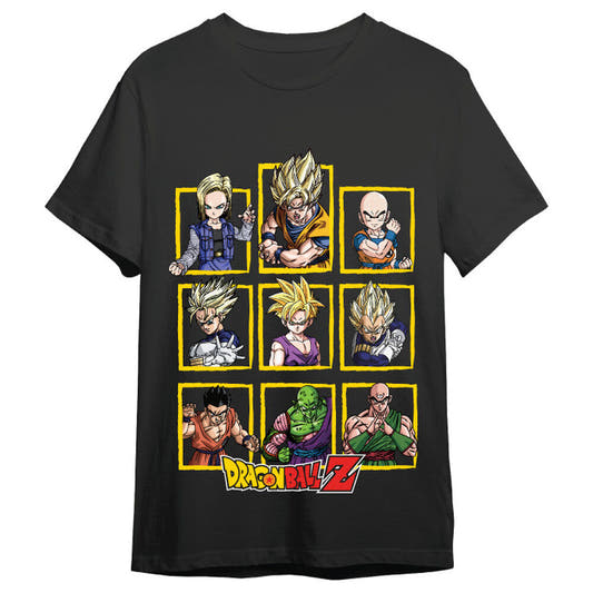 Camiseta negra de Dragon Ball Z con personajes en estampado frontal